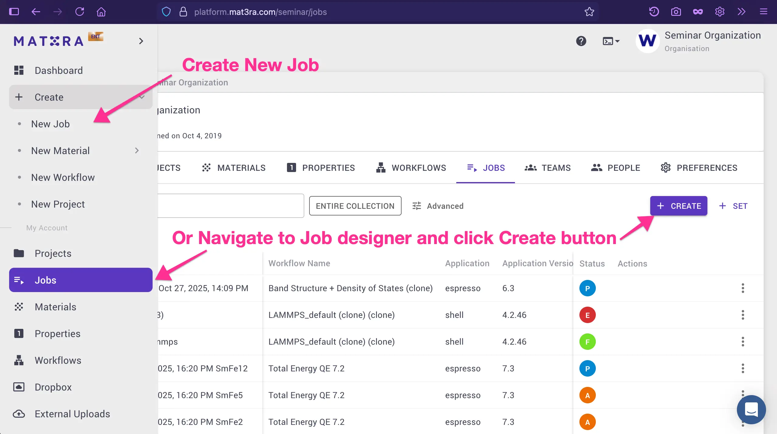 Create job button