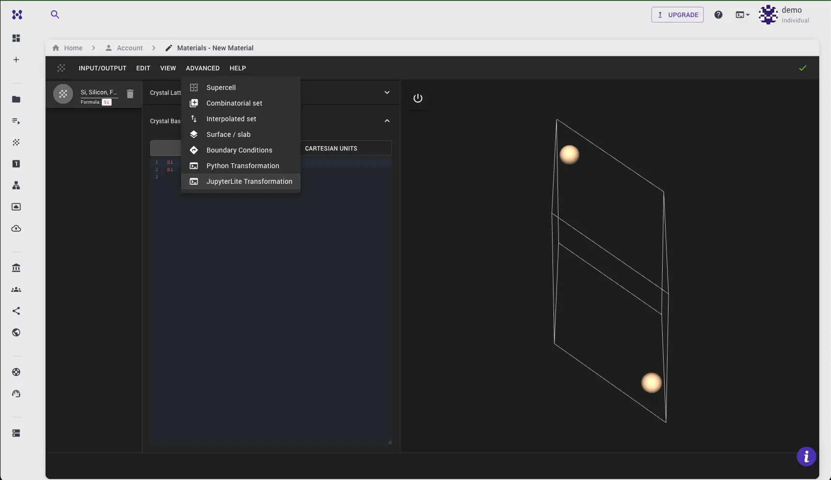 Materials Designer header with Advanced menu opened